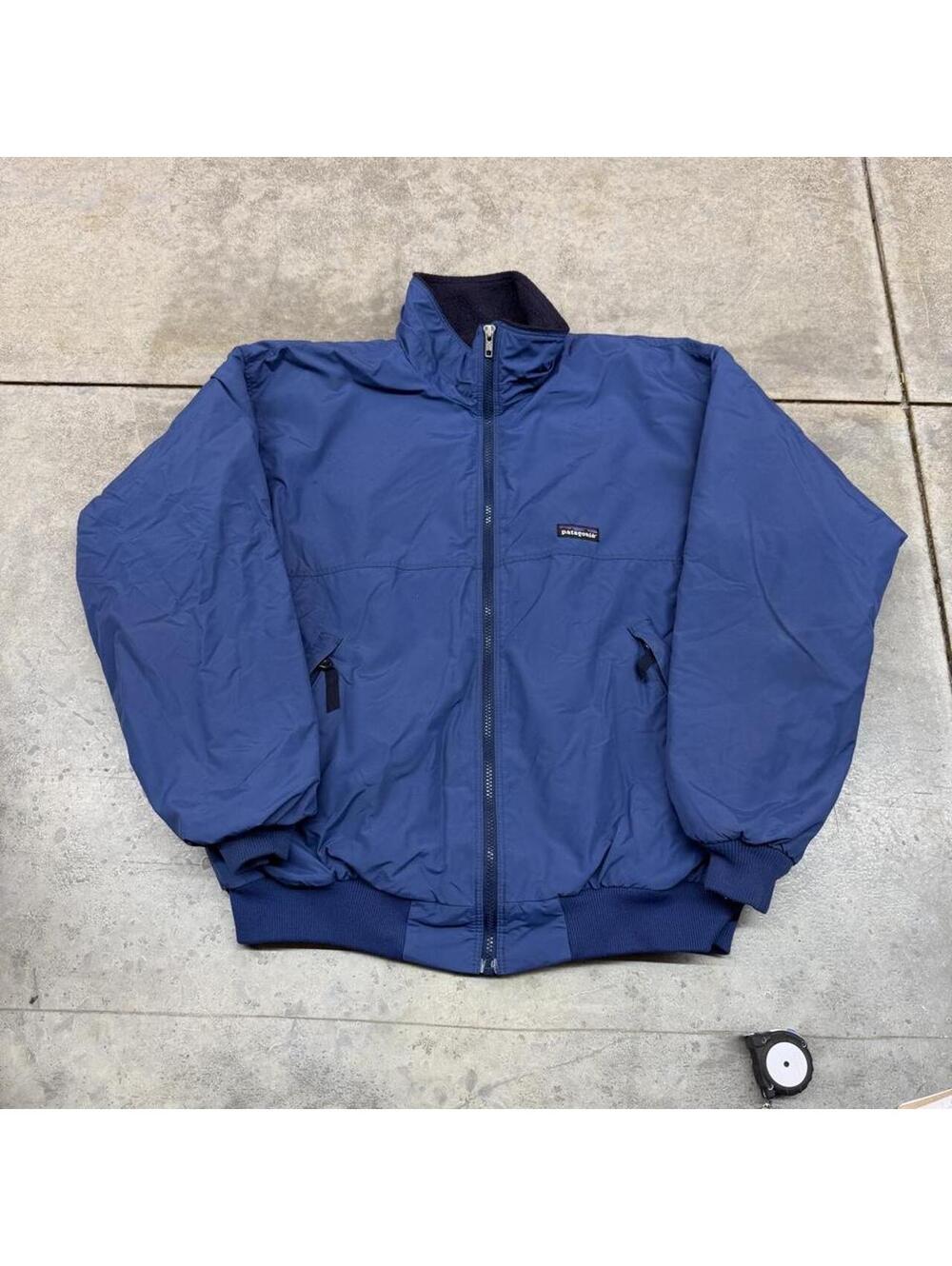 vintage patagonia shelled synchilla navy blue bomber jacket large HAS STAINS